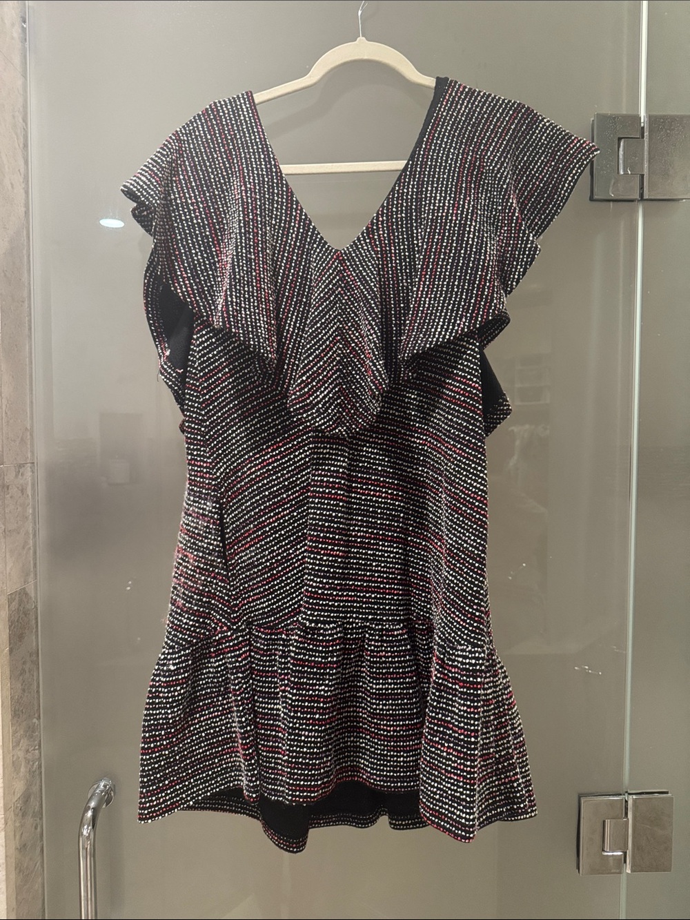 Sleeveless V-Neck Ruffle Knit dress in Black with Pink & White Dots